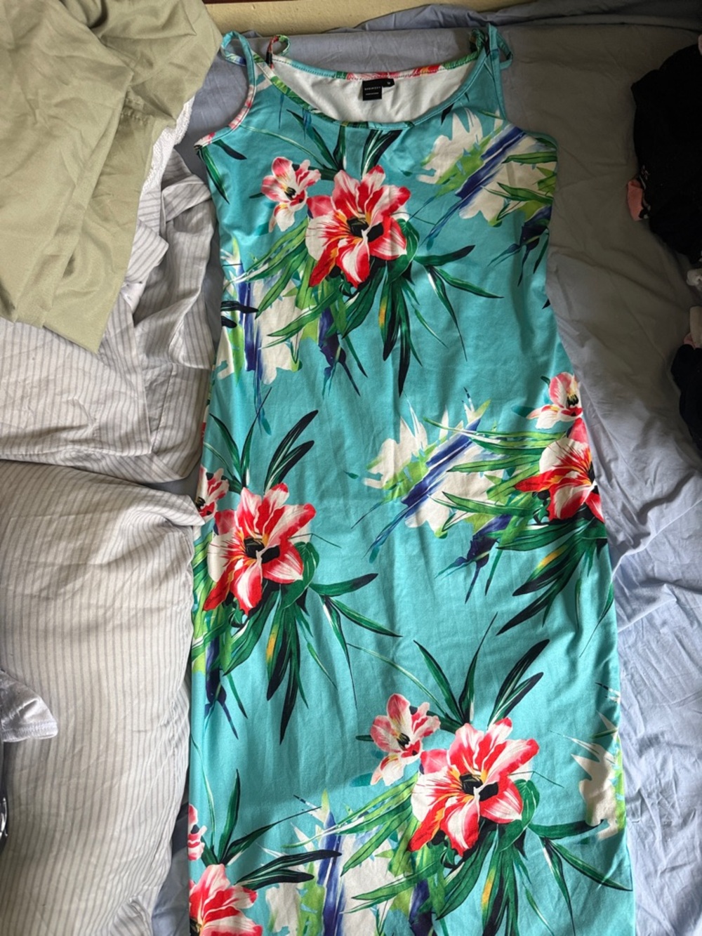SHEIN Turquoise Floral Maxi Dress with Red & Green Accents